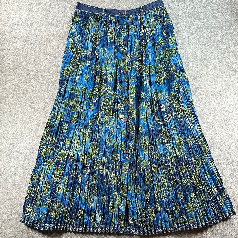 St. John's Bay Women's Blue Green Floral Pleated Button-Front Cotton Skirt 12